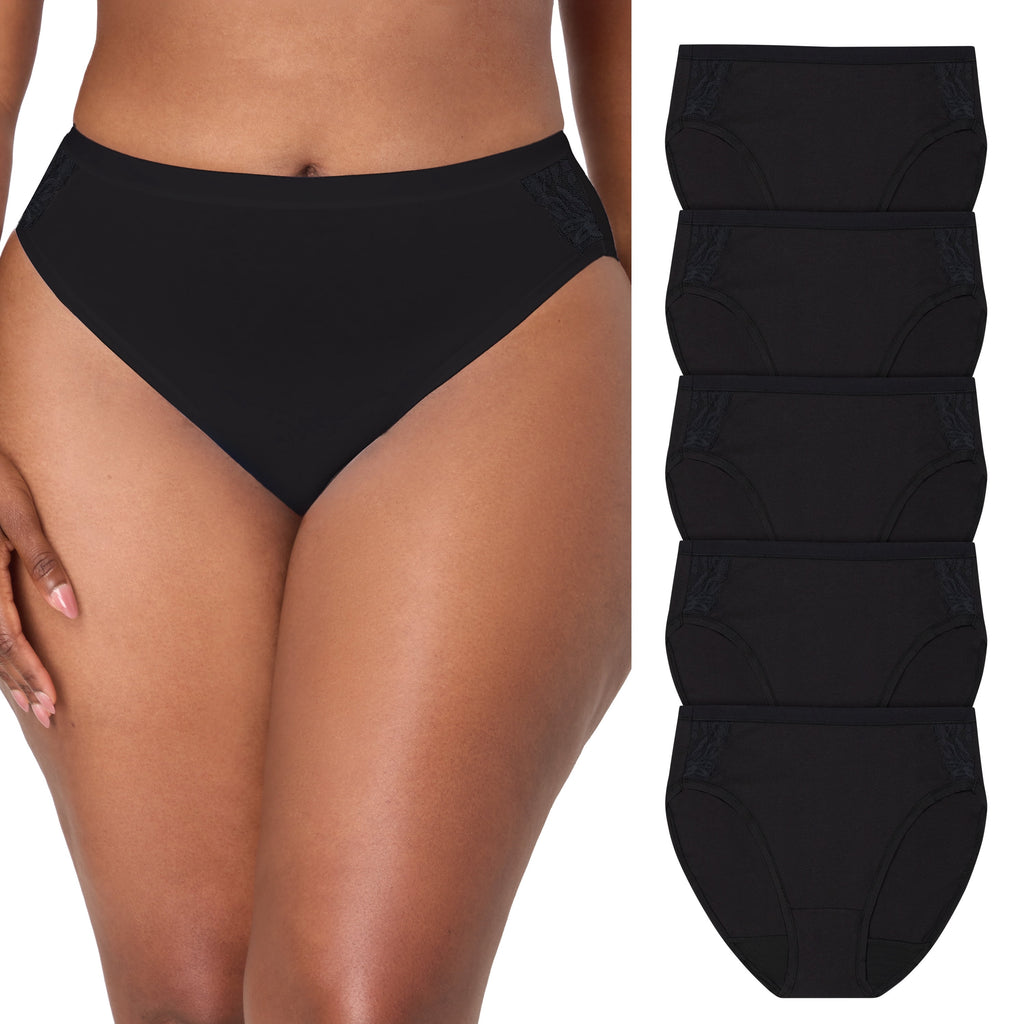Bali Underwear High-Cut Pack, 5-Pack, Cotton Lace Moisture-Wicking Underwear for Women, High-Cut Panties Black 2X Large